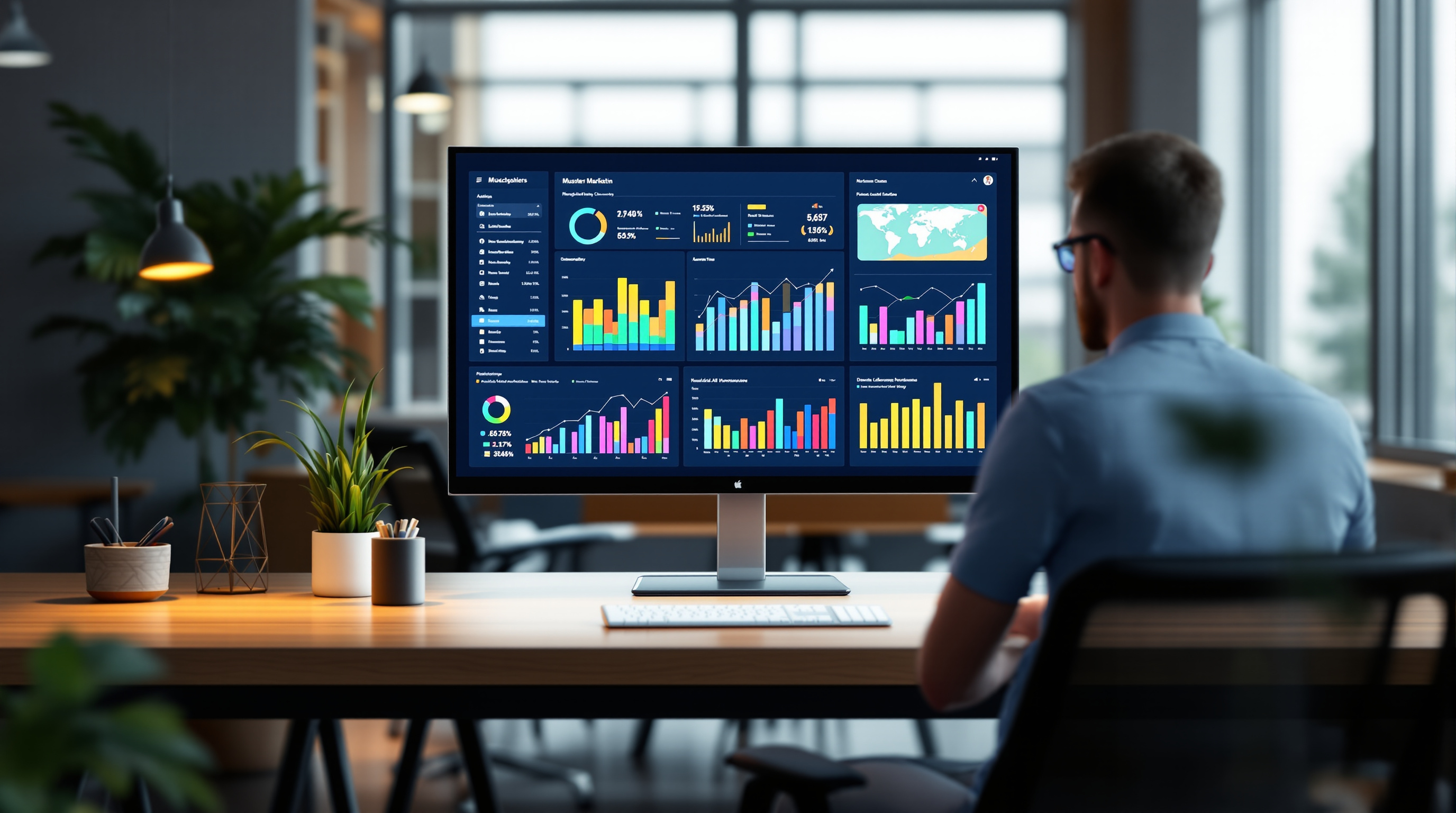 Digital marketing workspace with analytics dashboard